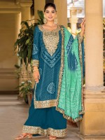 Teal Blue Real Chinon Silk Digital Print Plazzo Suit